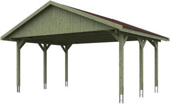 Skan Holz Doppelcarport Wallgau 620x500 cm 215 cm Einfahrtsh&ouml;he mit roten Dachschindeln Gr&uuml;n