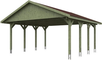 Skan Holz Doppelcarport Wallgau 620x600 cm 215 cm Einfahrtshöhe mit roten Dachschindeln Grün
