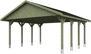 Skan Holz Doppelcarport Wallgau 620x600 cm 215 cm Einfahrtsh&ouml;he mit schwarzen Dachschindeln Gr&uuml;n
