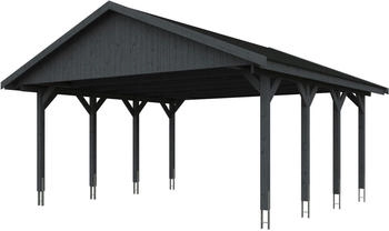 Skan Holz Doppelcarport Wallgau 620x600 cm 215 cm Einfahrtshöhe mit schwarzen Dachschindeln Schiefergrau