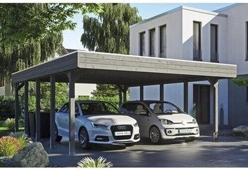Skan Holz Doppelcarport Friesland inkl. Aluminium-Dachplatten und H-Pfostenanker 557 x 708 cm grau