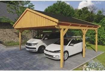 Skan Holz Doppelcarport Fichtelberg inkl. Dachschindeln schwarz 618 x 566 cm Eiche hell