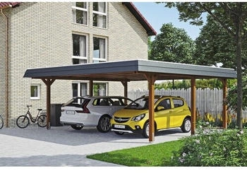 Skan Holz Doppelcarport Wendland schwarze Blende inkl. Pfostenanker 630 x 637 cm nussbaum