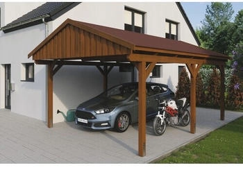 Skan Holz Einzelcarport Fichtelberg inkl. Dachschindeln rot 423 x 566 cm Nussbaum