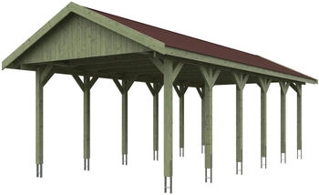Skan Holz Einzelcarport Wallgau 430x900 cm 215 cm Einfahrtshöhe mit roten Dachschindeln Grün
