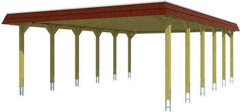 Skan Holz Doppelcarport Spreewald 585x893 cm 215 cm Einfahrtsh&ouml;he mit Aluminiumdach rote Blende Gr&uuml;n