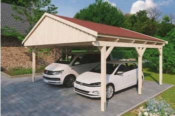 Skan Holz Doppelcarport Fichtelberg 618x566 cm 574 cm Einfahrtshöhe mit roten Schindeln