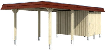Skan Holz Einzelcarport Wendland 362x870 cm 206 cm Einfahrtsh&ouml;he mit Abstellraum mit Aluminiumdach rote Blende Eiche hell