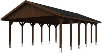 Skan Holz Doppelcarport Wallgau 620x900 cm 215 cm Einfahrtshöhe mit schwarzen Dachschindeln Nussbaum