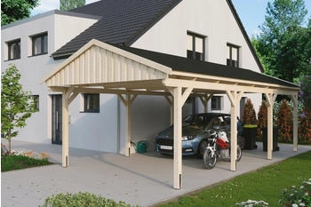 Skan Holz Einzelcarport Fichtelberg 423x808 cm 379 cm Einfahrtsh&ouml;he mit schwarzen Schindeln