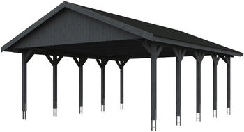 Skan Holz Doppelcarport Wallgau 620x750 cm 215 cm Einfahrtshöhe mit schwarzen Dachschindeln Schiefergrau