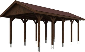 Skan Holz Einzelcarport Wallgau 380x750 cm 215 cm Einfahrtshöhe mit roten Dachschindeln Nussbaum