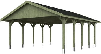 Skan Holz Doppelcarport Wallgau 620x750 cm 215 cm Einfahrtsh&ouml;he mit schwarzen Dachschindeln Gr&uuml;n