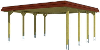 Skan Holz Doppelcarport Spreewald 585x589 cm 215 cm Einfahrtsh&ouml;he mit EPDM-Dach rote Blende Nussbaum