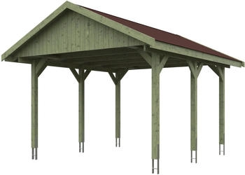 Skan Holz Einzelcarport Wallgau 430x500 cm 215 cm Einfahrtshöhe mit roten Dachschindeln Grün