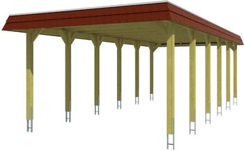 Skan Holz Einzelcarport Spreewald 396x893 cm 209 cm Einfahrtsh&ouml;he mit EPDM-Dach rote Blende Nussbaum