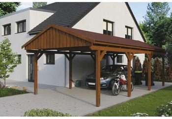 Skan Holz Einzelcarport Fichtelberg inkl. Dachschindeln rot 423 x 808 cm Nussbaum