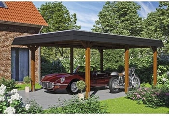 Skan Holz Einzelcarport Wendland schwarze Blende inkl. Pfostenanker 409 x 628 cm nussbaum
