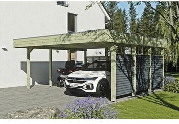 Skan Holz Doppelcarport Friesland-Hybrid inkl. Rückwand/Seitenwand Aluminium Pfostenanker 557 x 555 cm kesseldruckimprägniert