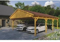 Skanholz Doppelcarport "Fichtelberg" Leimholz hellbraun mit roten Schindeln