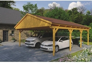 Skan Holz Doppelcarport Fichtelberg inkl. Dachschindeln rot 618 x 808 cm Eiche hell