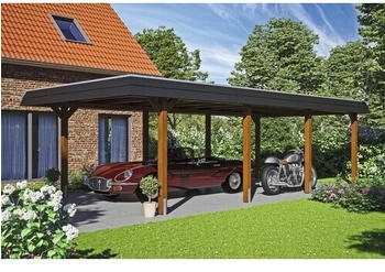 Skan Holz Einzelcarport Wendland schwarze Blende inkl. EPDM Folie Pfostenanker 409 x 870 cm nussbaum