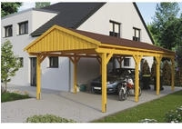 Skanholz Einzelcarport "Fichtelberg" Massivholz hellbraun mit roten Schindeln
