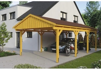 Skan Holz Einzelcarport Fichtelberg inkl. Dachschindeln rot 423 x 808 cm Eiche hell