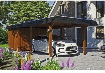 Skan Holz Einzelcarport Wendland schwarze Blende inkl. Abstellraum EPDM Folie Pfostenanker 362 x 870 cm nussbaum