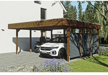 Skan Holz Doppelcarport Friesland-Hybrid inkl. R&uuml;ckwand/Seitenwand Aluminium Pfostenanker 557 x 555 cm nussbaum