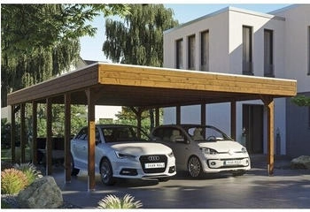 Skan Holz Doppelcarport Friesland inkl. EPDM-Dachfolie und H-Pfostenanker 557 x 860 cm nussbaum