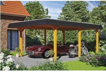 Skan Holz Einzelcarport Wendland schwarze Blende inkl. EPDM Folie Pfostenanker 409 x 628 cm eiche hell