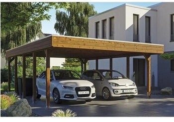 Skan Holz Doppelcarport Friesland inkl. Aluminium-Dachplatten und H-Pfostenanker 557 x 708 cm nussbaum
