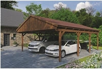 Skanholz Doppelcarport "Fichtelberg" Leimholz braun mit roten Schindeln