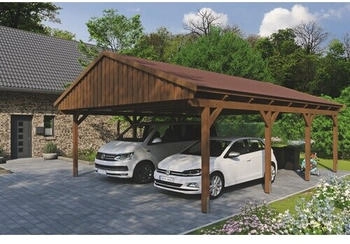 Skan Holz Doppelcarport Fichtelberg inkl. Dachschindeln rot 618 x 808 cm Nussbaum