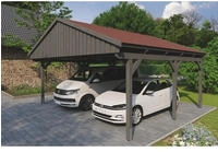Skanholz Doppelcarport "Fichtelberg" Leimholz dunkelgrau mit roten Schindeln
