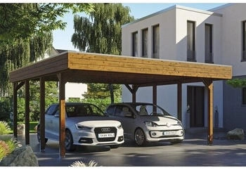 Skan Holz Doppelcarport Friesland inkl. Aluminium-Dachplatten und H-Pfostenanker 557 x 555 cm nussbaum
