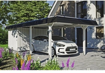 Skan Holz Einzelcarport Wendland schwarze Blende inkl. Abstellraum EPDM Folie Pfostenanker 362 x 870 cm wei&szlig;