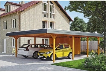 Skan Holz Doppelcarport Wendland schwarze Blende inkl. Abstellraum Pfostenanker 630 x 879 cm eiche hell