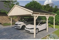 Skanholz Doppelcarport "Fichtelberg" Leimholz natur mit schwarzen Schindeln