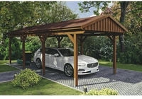 Skanholz Einzelcarport "Fichtelberg" Leimholz braun mit roten Schindeln