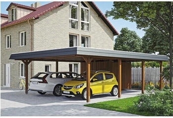 Skan Holz Doppelcarport Wendland schwarze Blende inkl. Abstellraum EPDM Folie Pfostenanker 630 x 879 cm nussbaum