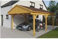 Skanholz Einzelcarport "Fichtelberg" Leimholz hellbraun mit roten Schindeln