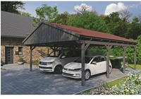 Skanholz Doppelcarport "Fichtelberg" Leimholz dunkelgrau mit roten Schindeln