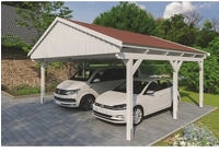Skanholz Doppelcarport "Fichtelberg" Leimholz wei&szlig; mit roten Schindeln