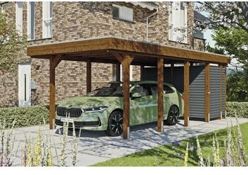 Skan Holz Einzelcarport Friesland-Hybrid inkl. Abstellraum Aluminium Pfostenanker 314 x 708 cm nussbaum