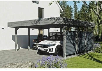 Skan Holz Doppelcarport Friesland-Hybrid inkl. R&uuml;ckwand/Seitenwand Aluminium Pfostenanker 557 x 555 cm schiefer