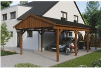 Skanholz Einzelcarport "Fichtelberg" Leimholz braun mit schwarzen Schindeln