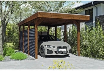 Skan Holz Einzelcarport Friesland-Hybrid inkl. R&uuml;ckwand/Seitenwand Aluminium Pfostenanker 314 x 555 cm nussbaum