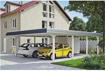 Skan Holz Doppelcarport Wendland schwarze Blende inkl. Abstellraum EPDM Folie Pfostenanker 630 x 879 cm weiß
